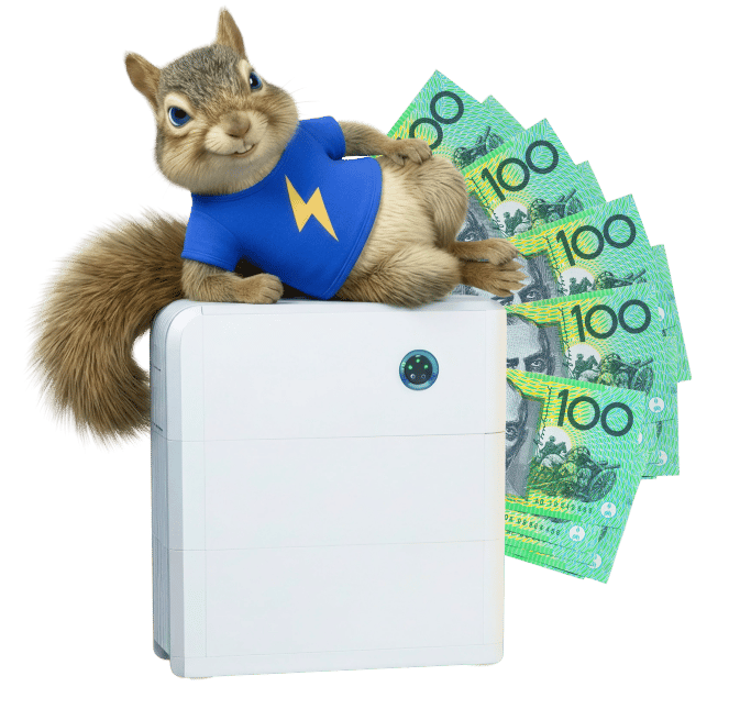 Solar Battery Group mascot resting on a home battery with cash savings