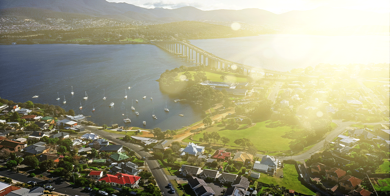 Hobart and sunshine over Tasmania