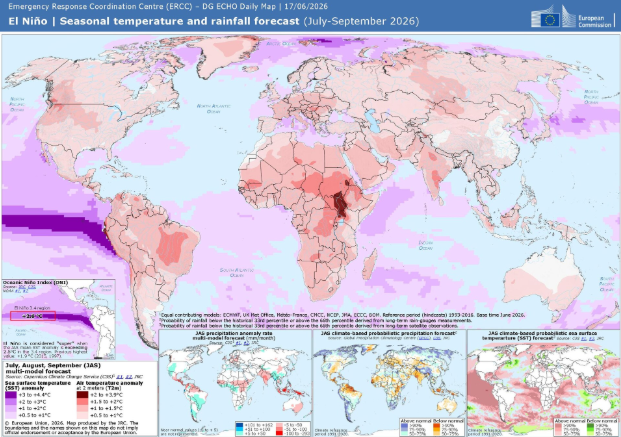 El Niño seasonal temperature and rainfall forecast July–September 2026 — European Commission ERCC map