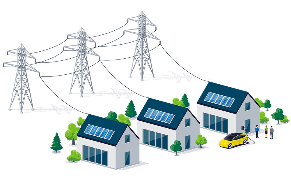 Illustration of houses connected to the electricity grid