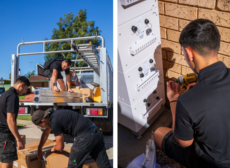 Solar Battery Group installers unloading equipment and installing a battery system on a home